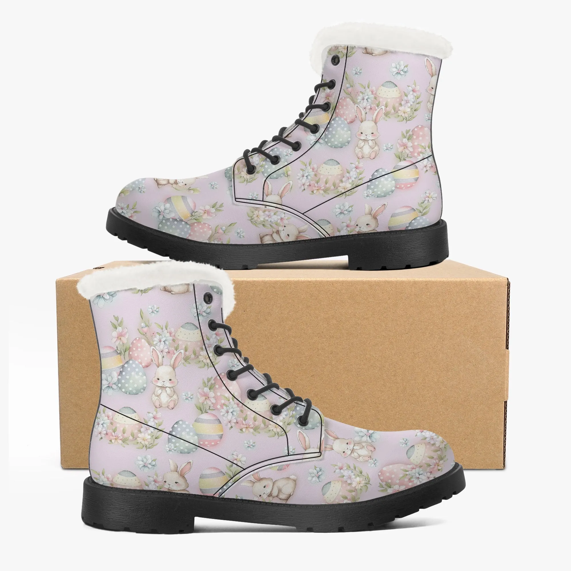 Faux Fur Leather Boots Cute Easter Print Lilac
