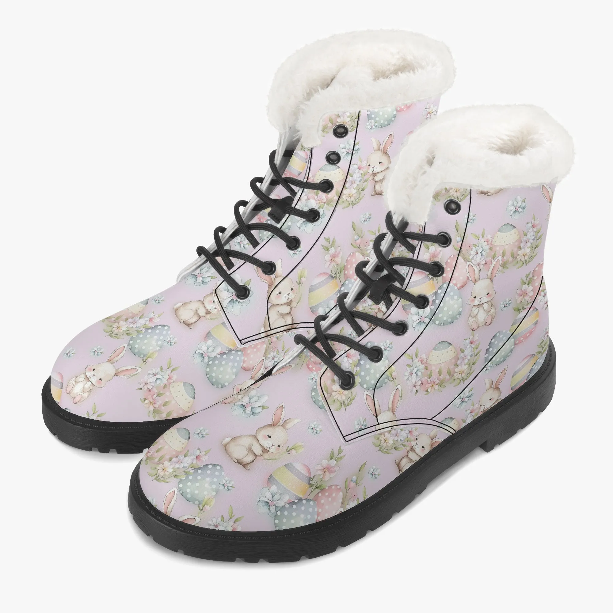 Faux Fur Leather Boots Cute Easter Print Lilac