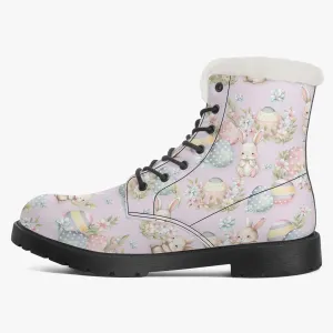 Faux Fur Leather Boots Cute Easter Print Lilac