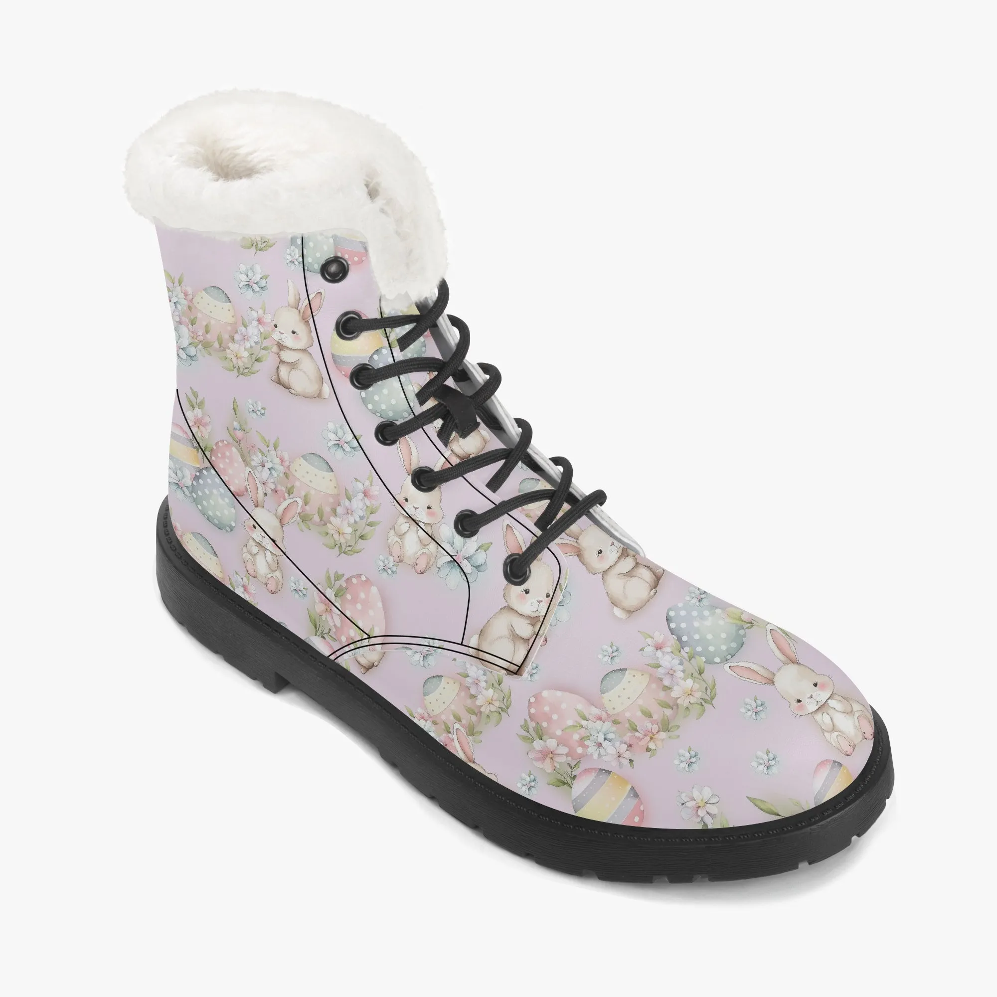 Faux Fur Leather Boots Cute Easter Print Lilac