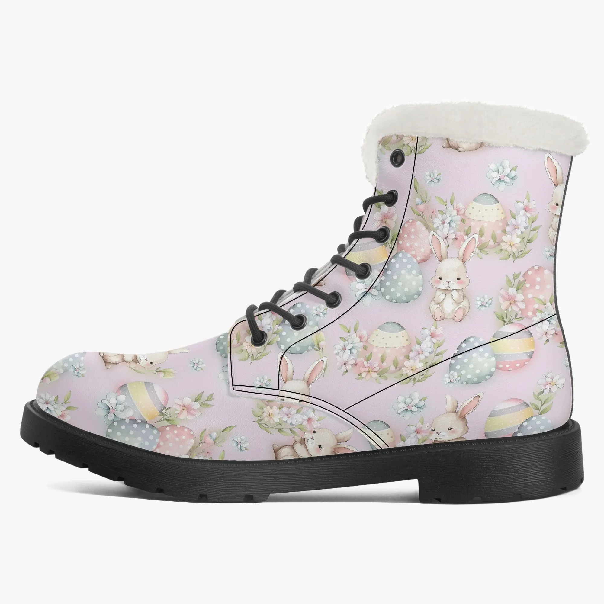 Faux Fur Leather Boots Cute Easter Print Lilac