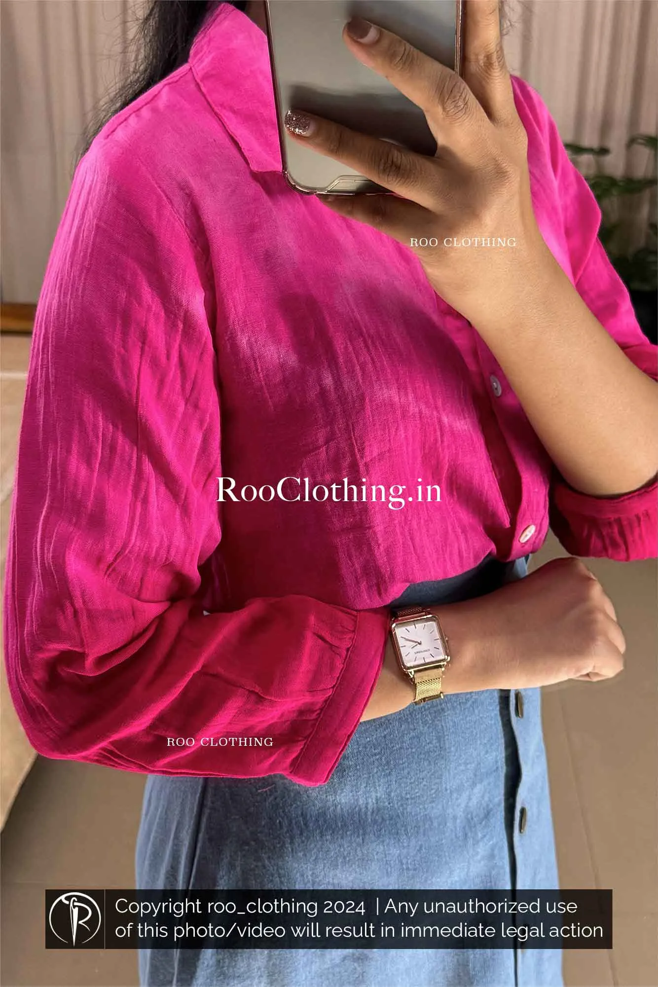 Fuchsia Pink Ombre Tie-Dyed Loose Fit Full Sleeve Women's Cotton Shirt