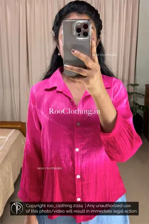 Fuchsia Pink Ombre Tie-Dyed Loose Fit Full Sleeve Women's Cotton Shirt
