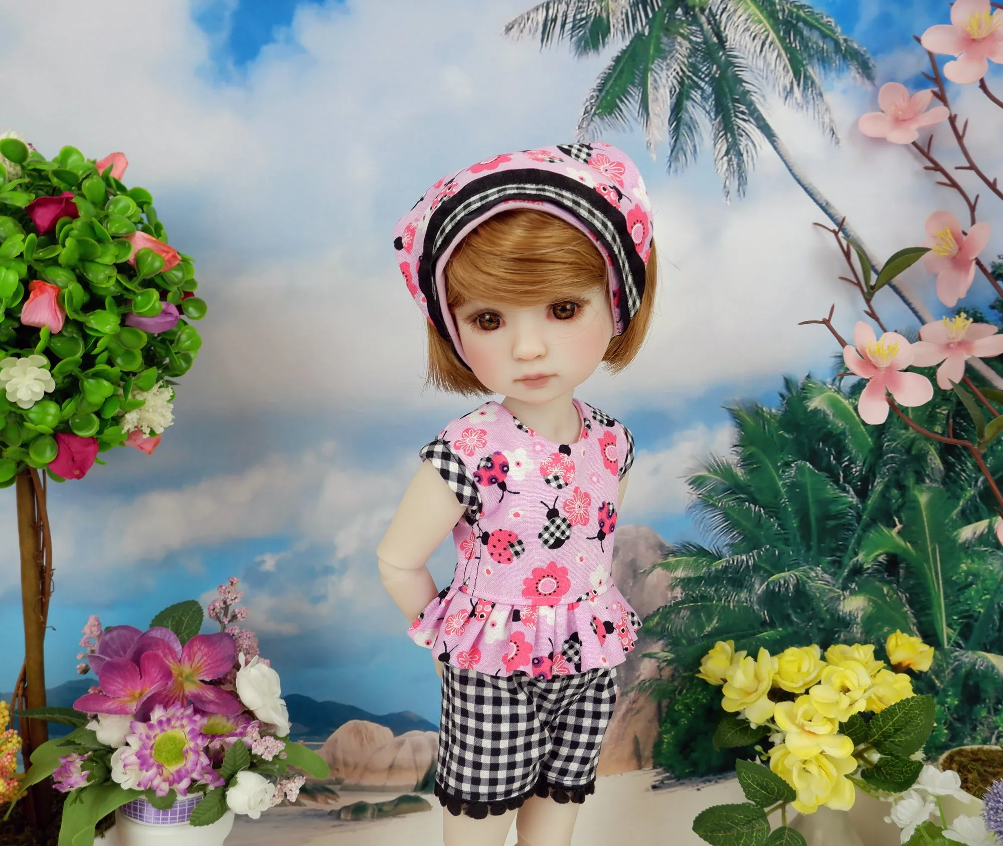 Gingham Ladybug - top & shorts with shoes for Ruby Red Fashion Friends doll