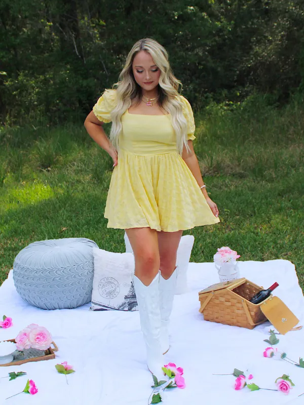 I've Got Sunshine Square Neck Tie Back Flowy Romper, Yellow