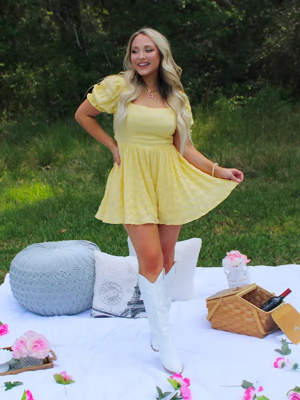 I've Got Sunshine Square Neck Tie Back Flowy Romper, Yellow