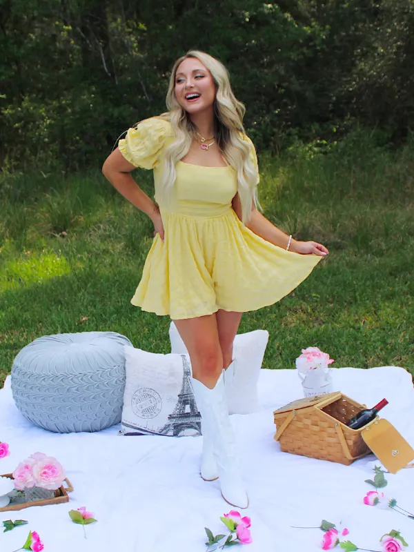 I've Got Sunshine Square Neck Tie Back Flowy Romper, Yellow