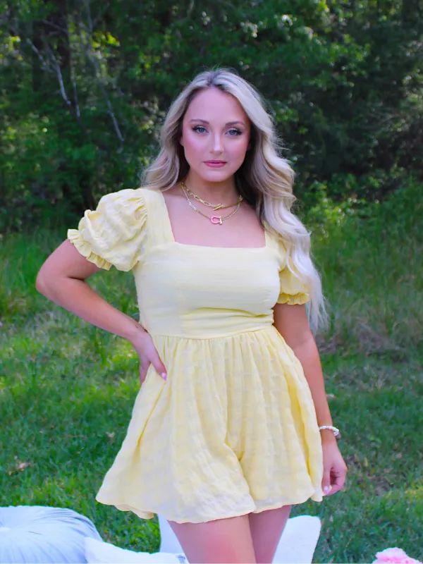 I've Got Sunshine Square Neck Tie Back Flowy Romper, Yellow
