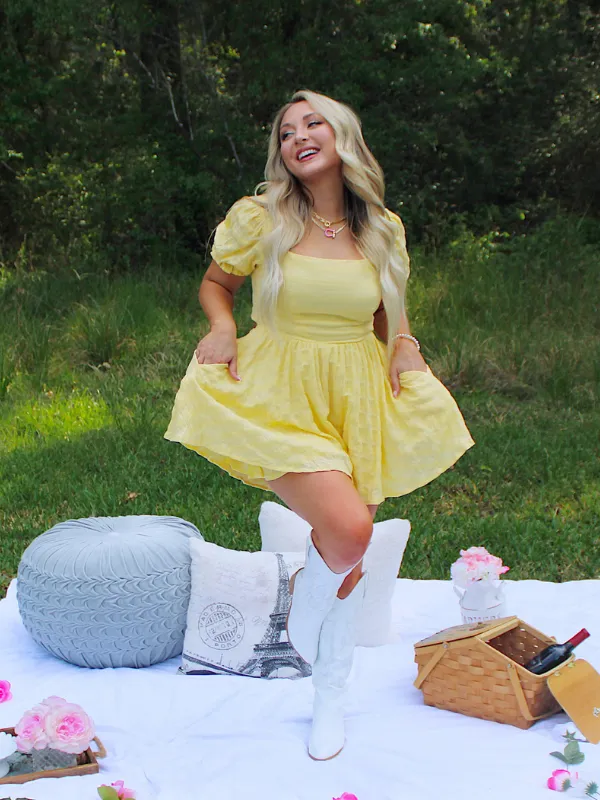 I've Got Sunshine Square Neck Tie Back Flowy Romper, Yellow