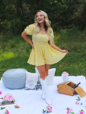 I've Got Sunshine Square Neck Tie Back Flowy Romper, Yellow