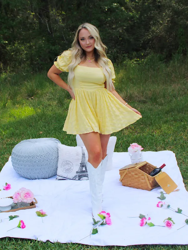 I've Got Sunshine Square Neck Tie Back Flowy Romper, Yellow