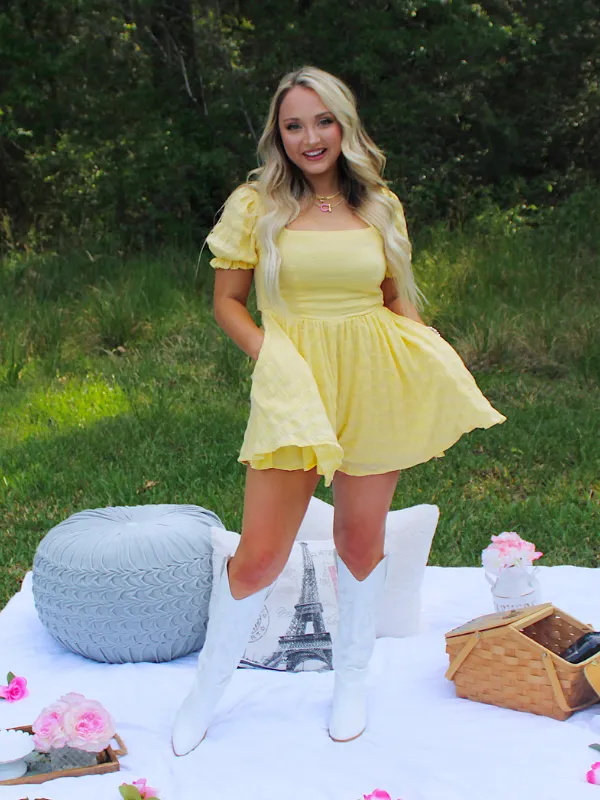 I've Got Sunshine Square Neck Tie Back Flowy Romper, Yellow