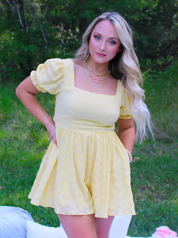 I've Got Sunshine Square Neck Tie Back Flowy Romper, Yellow