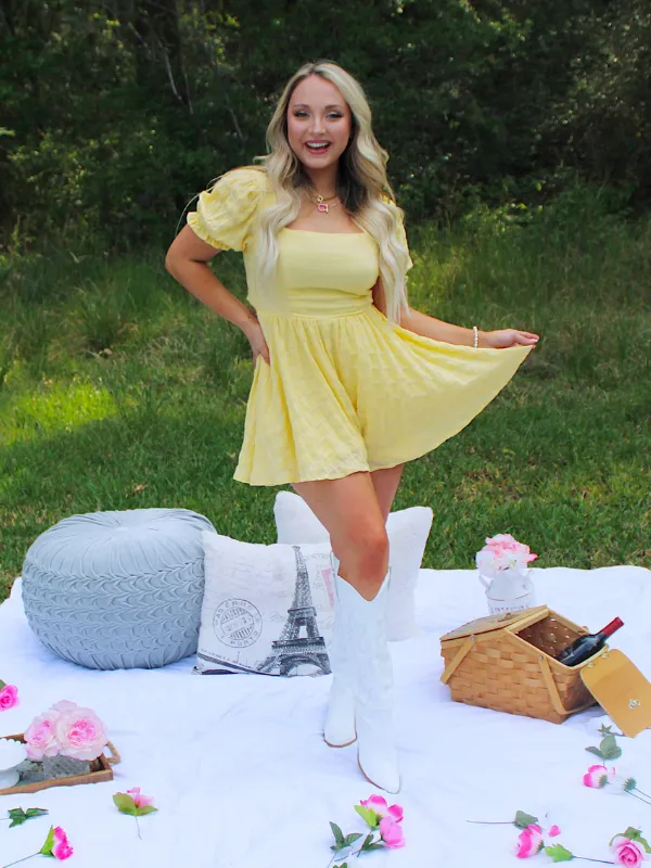 I've Got Sunshine Square Neck Tie Back Flowy Romper, Yellow