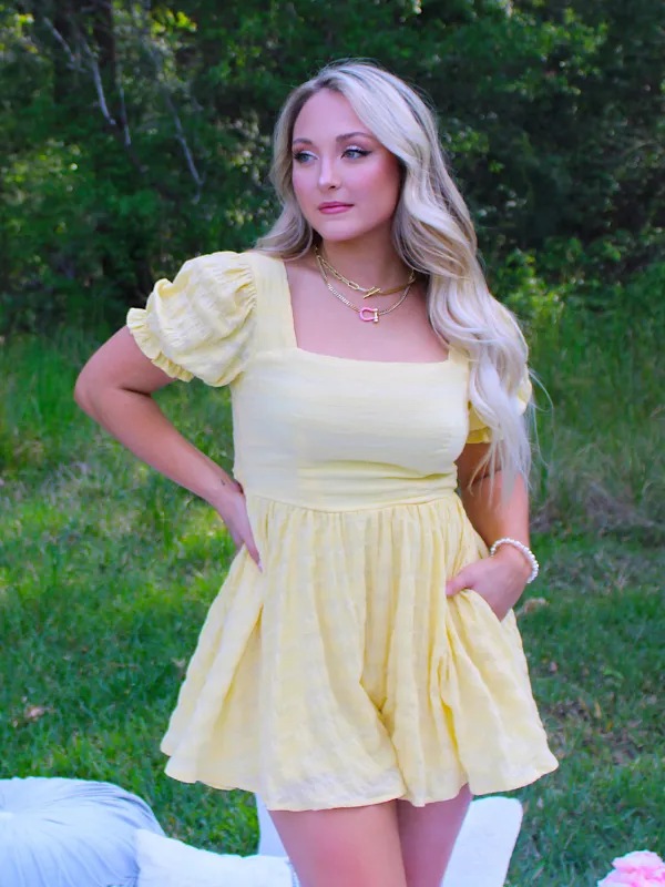 I've Got Sunshine Square Neck Tie Back Flowy Romper, Yellow