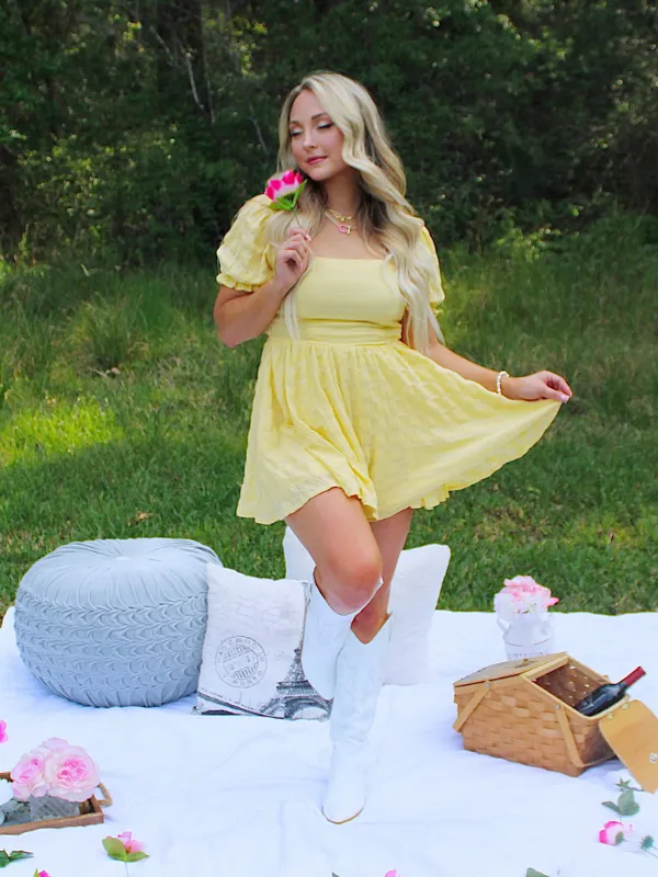 I've Got Sunshine Square Neck Tie Back Flowy Romper, Yellow