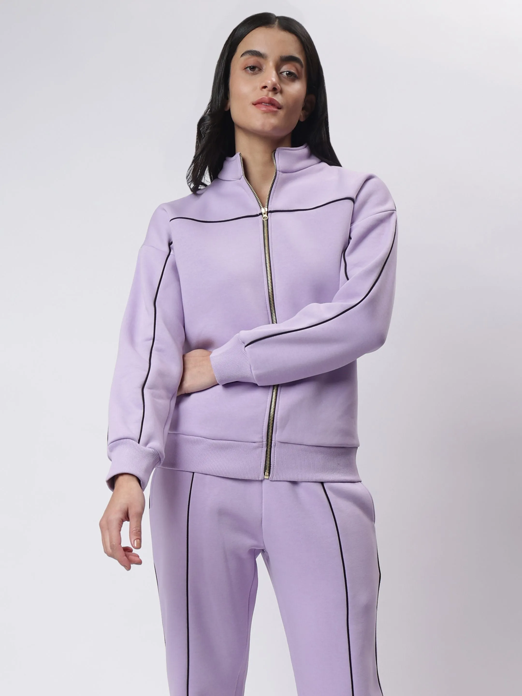 Lavender Zipper Sweatshirt with Black Contrast Piping