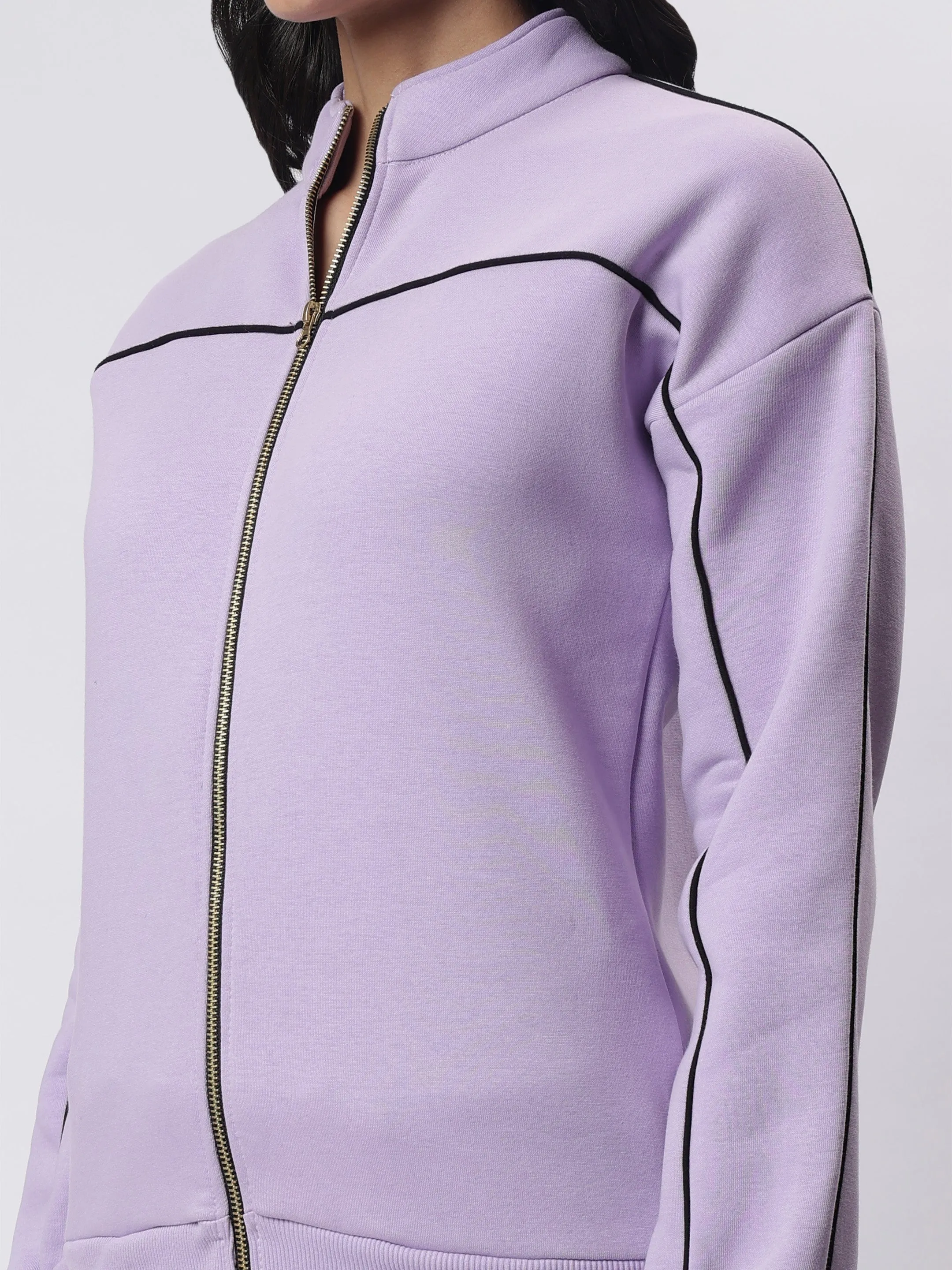 Lavender Zipper Sweatshirt with Black Contrast Piping