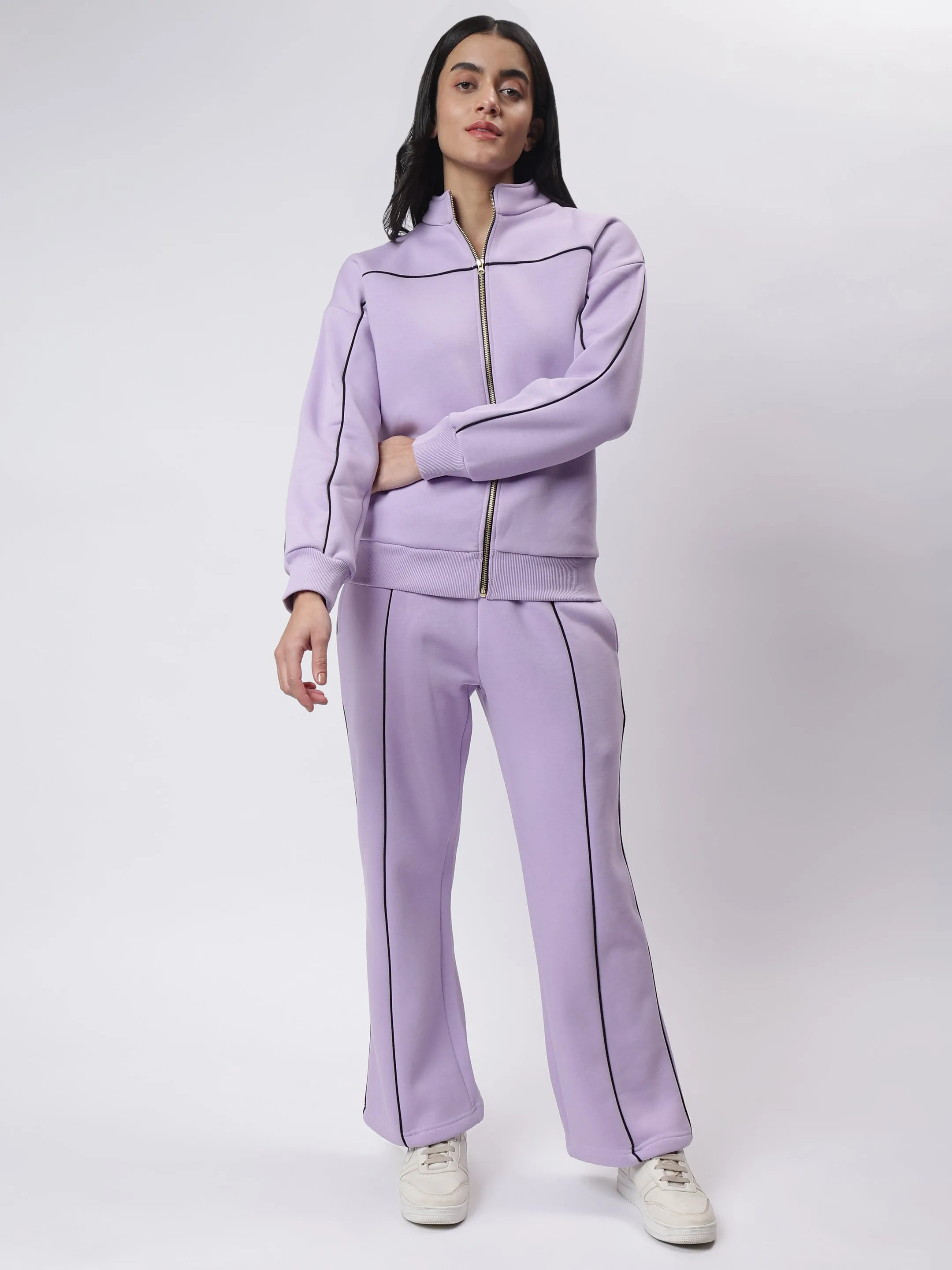 Lavender Zipper Sweatshirt with Black Contrast Piping