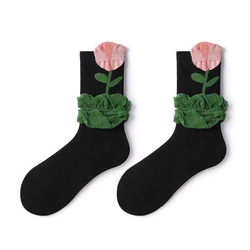 Long Flower Printed Cotton Socks