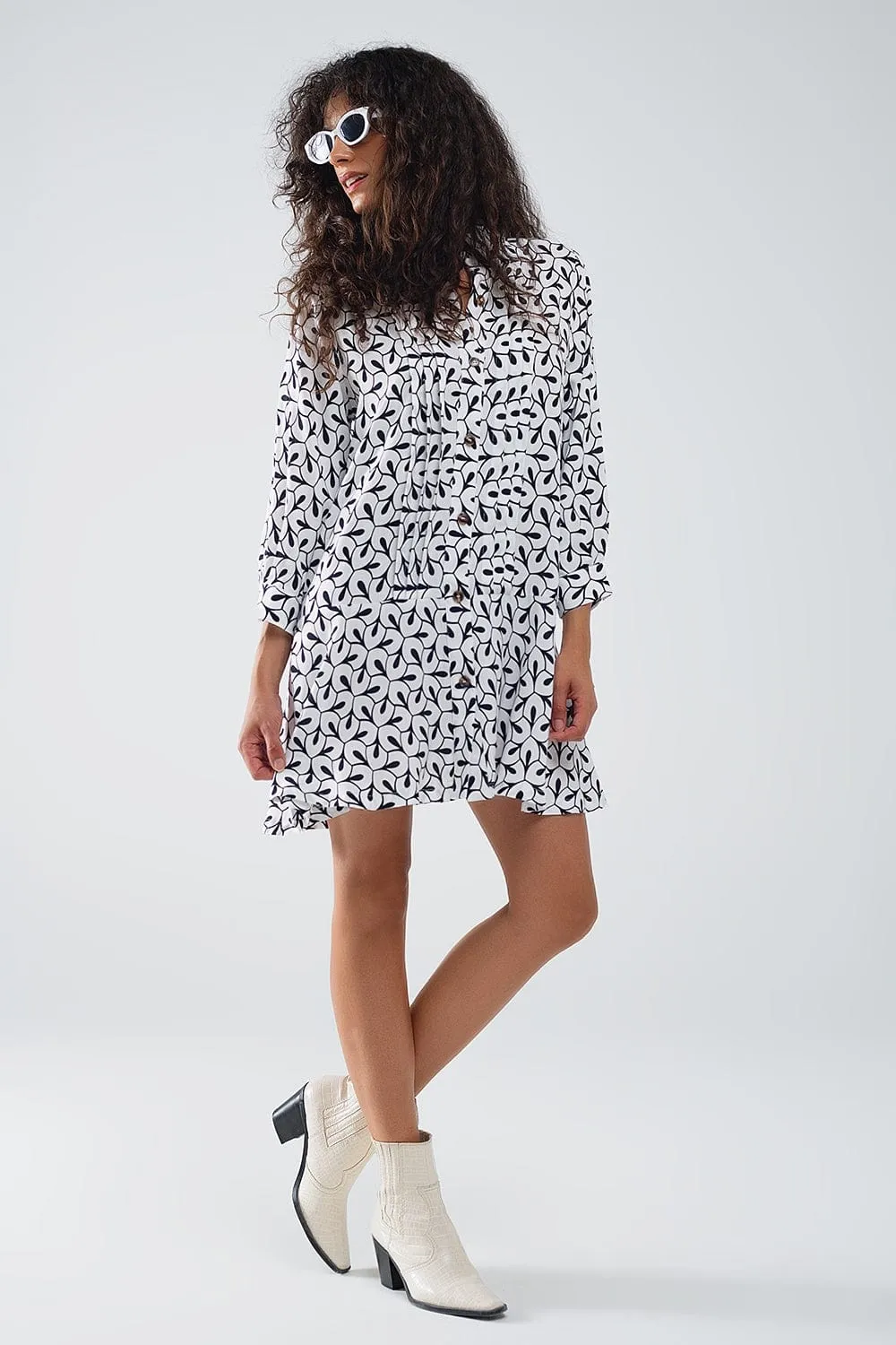 Long Sleeve Polo Collar Dress With Abstract Print