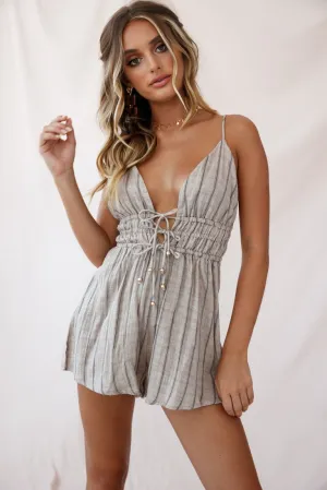 Lorahdae V-Neckline Drawstring Waist Romper Stripe Print Mocha
