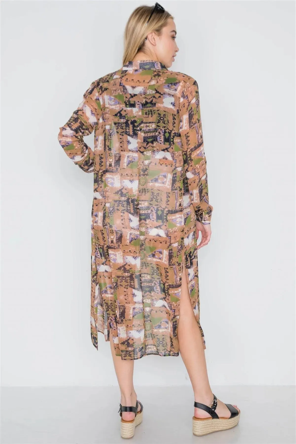 Mocha Long Sleeve Sheer Side Slits Button Down Cover Up