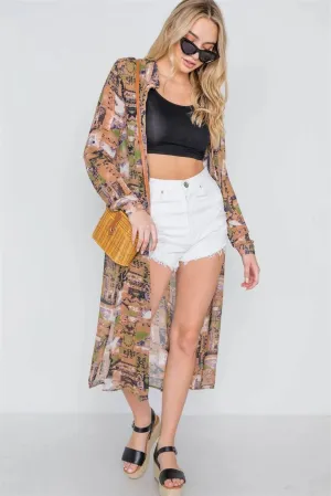 Mocha Long Sleeve Sheer Side Slits Button Down Cover Up