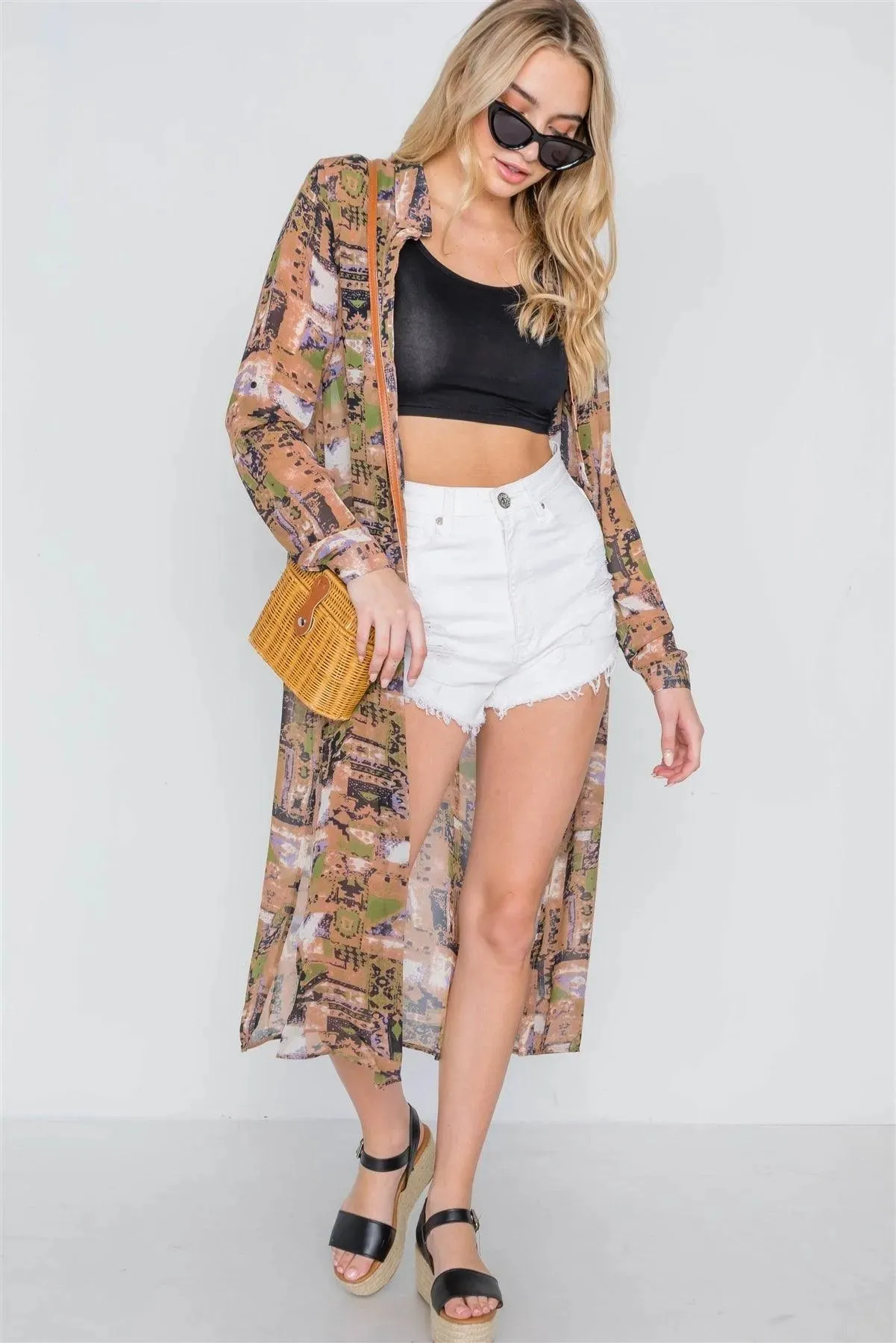 Mocha Long Sleeve Sheer Side Slits Button Down Cover Up