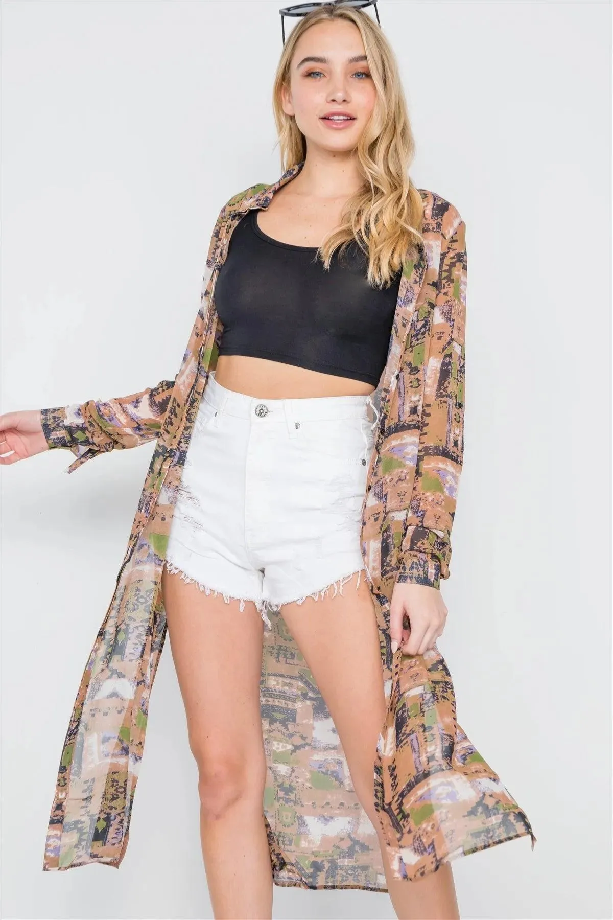 Mocha Long Sleeve Sheer Side Slits Button Down Cover Up