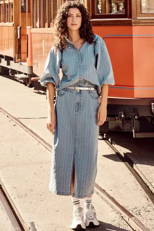 Pinstripe Denim Maxi Skirt - Blue Denim