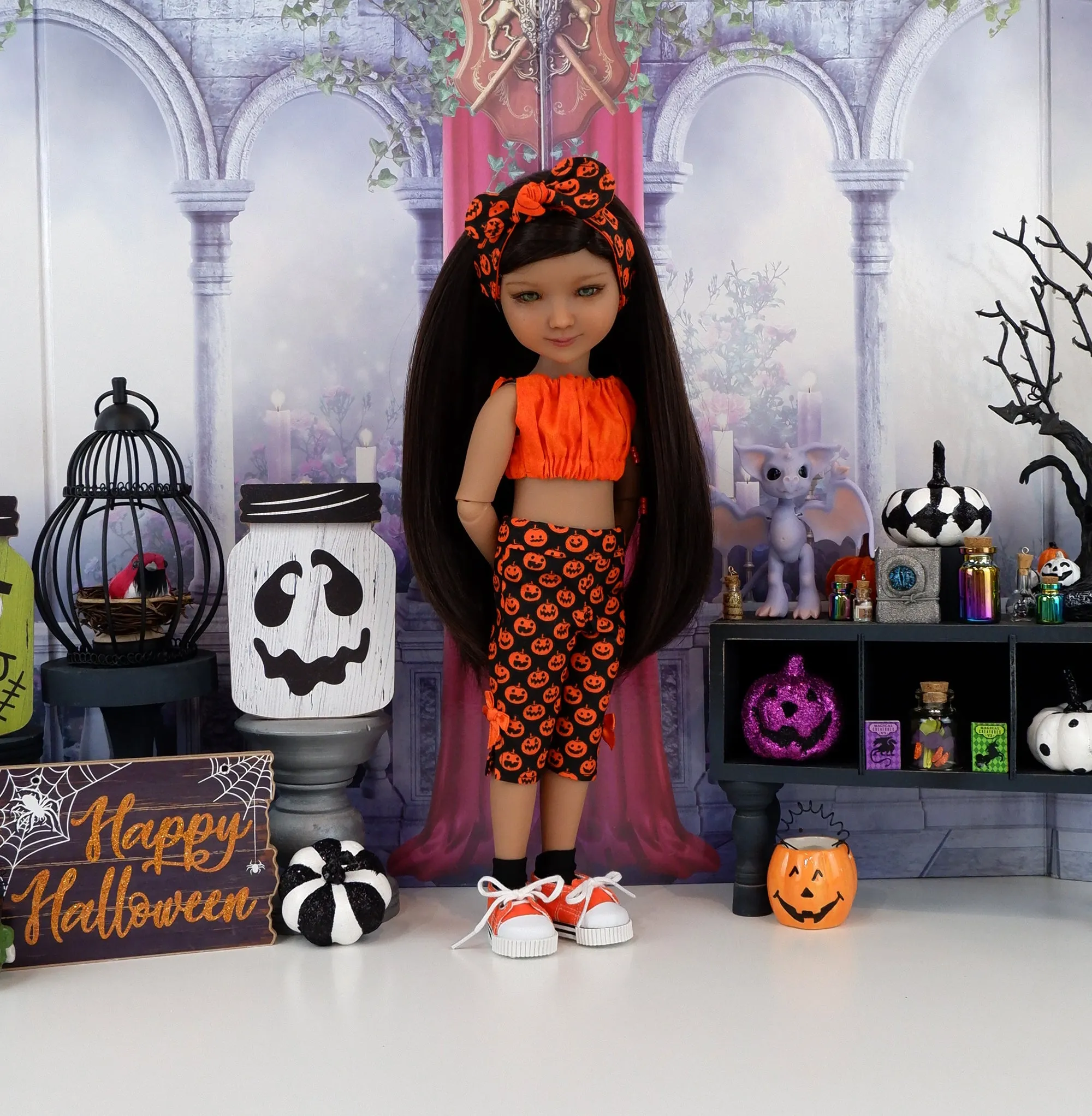 Pumpkin Grins - crop top & capris with shoes for Ruby Red Fashion Friends doll