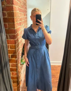Rowe Short Sleeve Fabric Belt Shirt Dress in Blue
