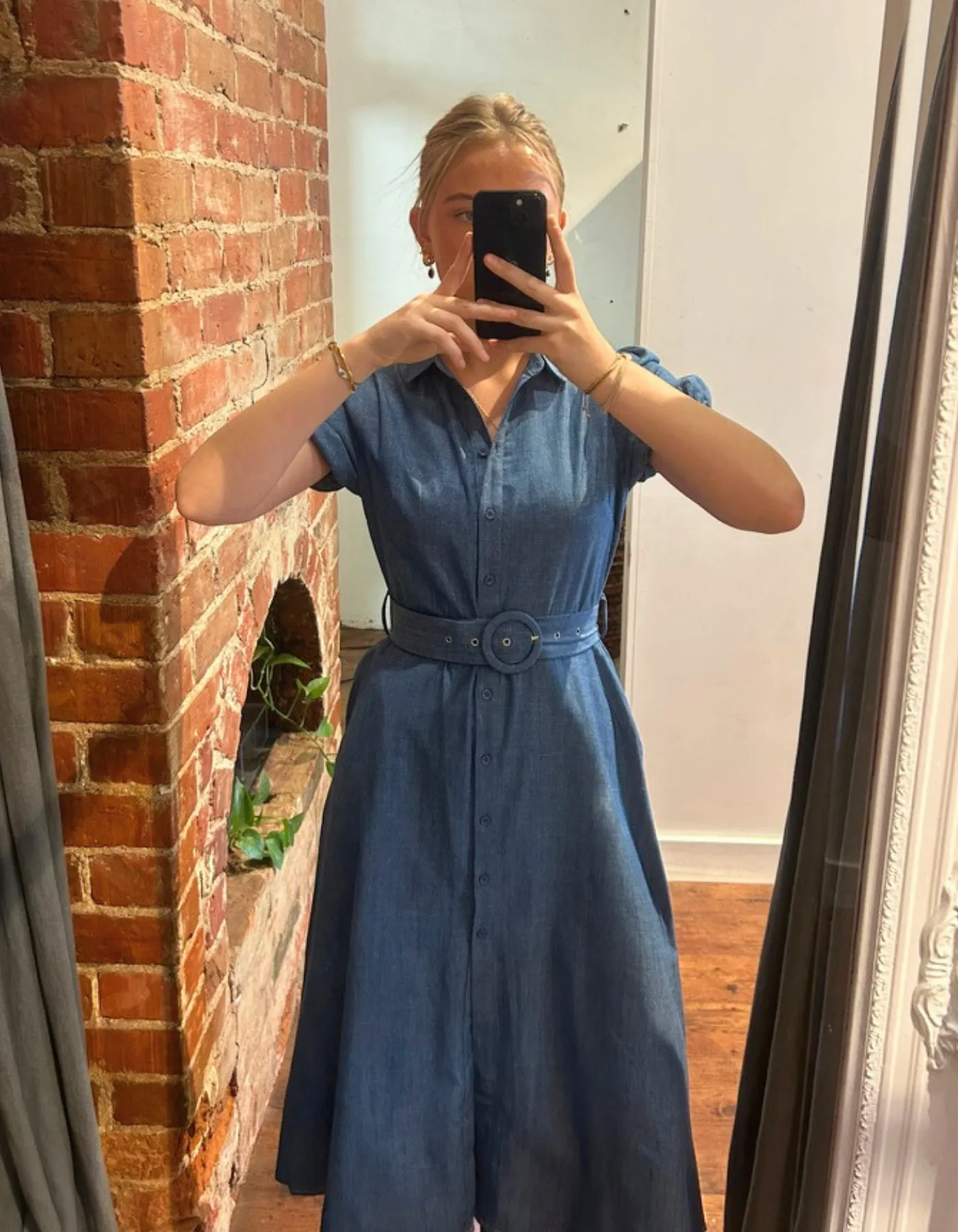 Rowe Short Sleeve Fabric Belt Shirt Dress in Blue