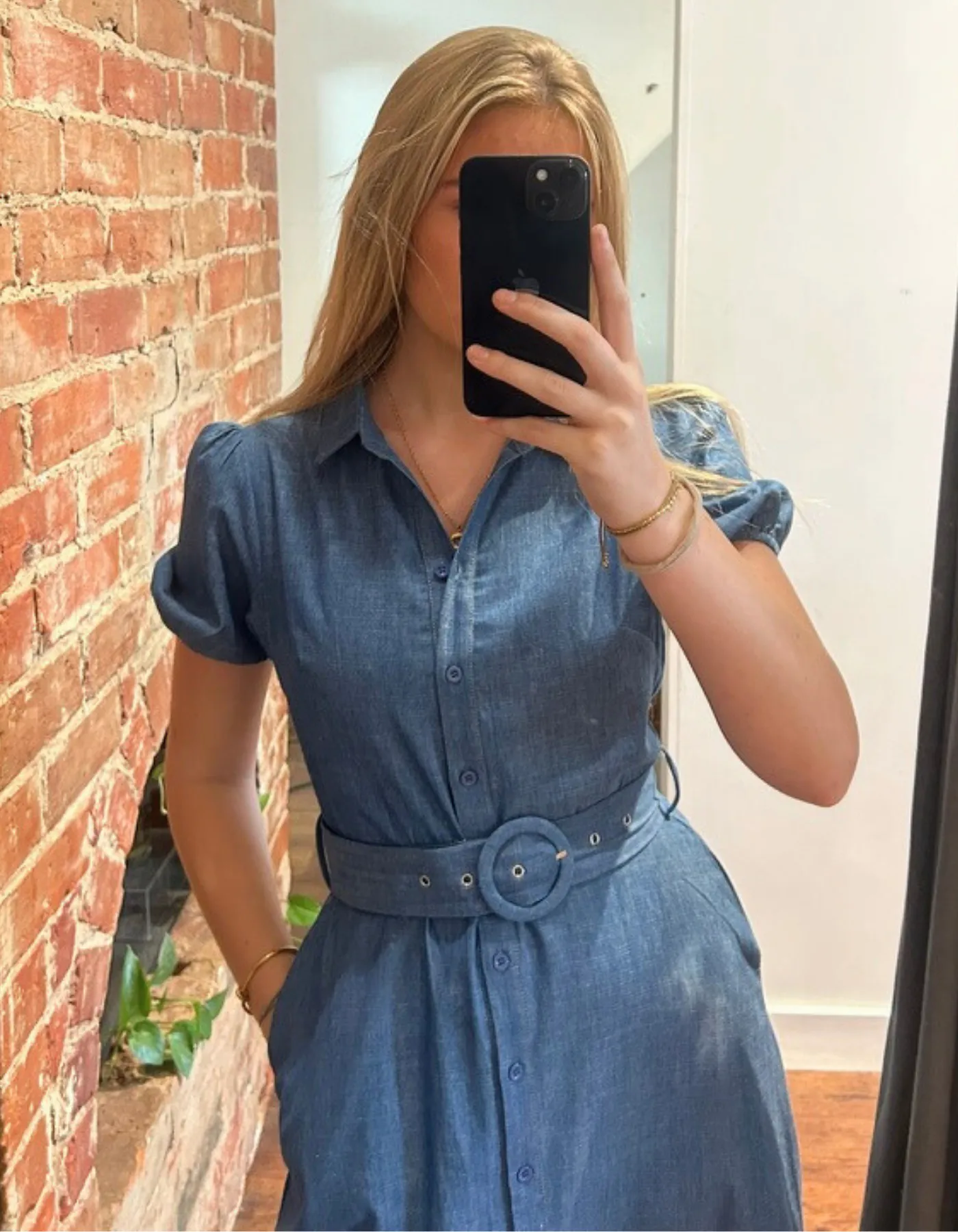 Rowe Short Sleeve Fabric Belt Shirt Dress in Blue