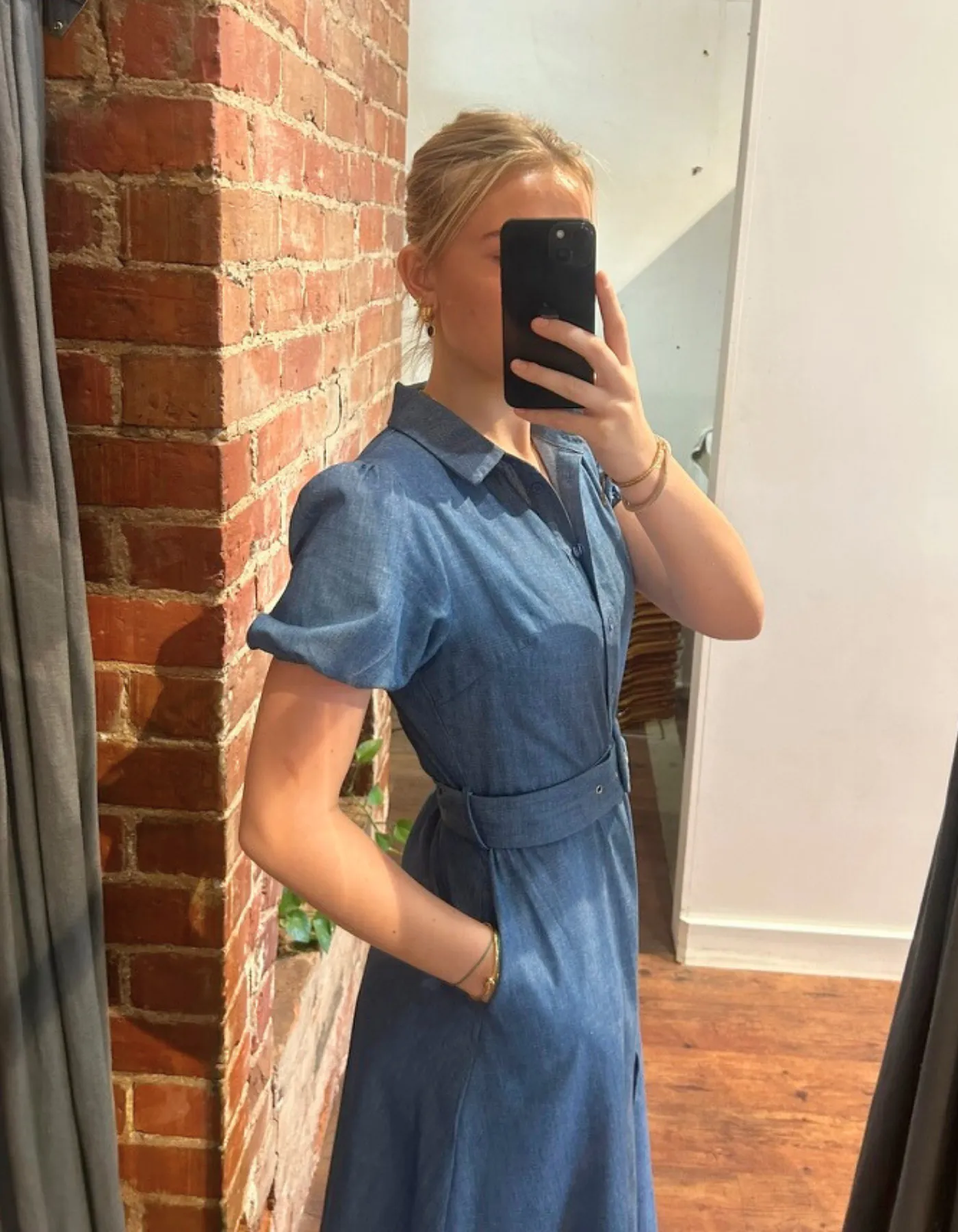 Rowe Short Sleeve Fabric Belt Shirt Dress in Blue