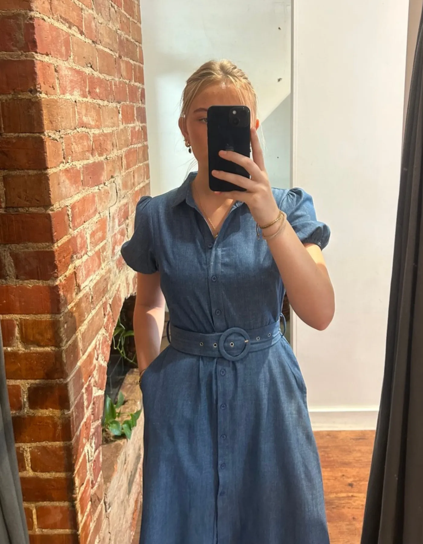 Rowe Short Sleeve Fabric Belt Shirt Dress in Blue