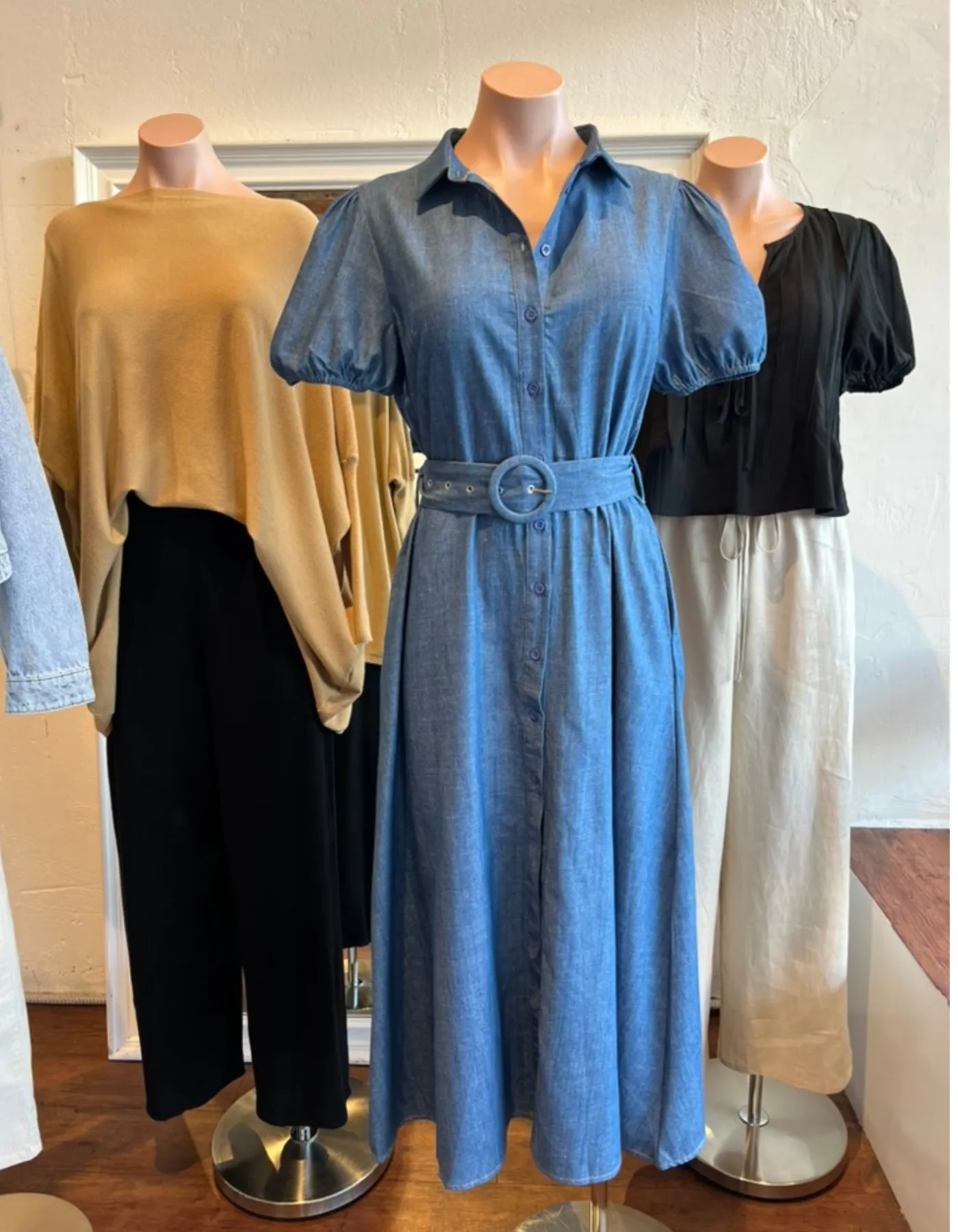 Rowe Short Sleeve Fabric Belt Shirt Dress in Blue