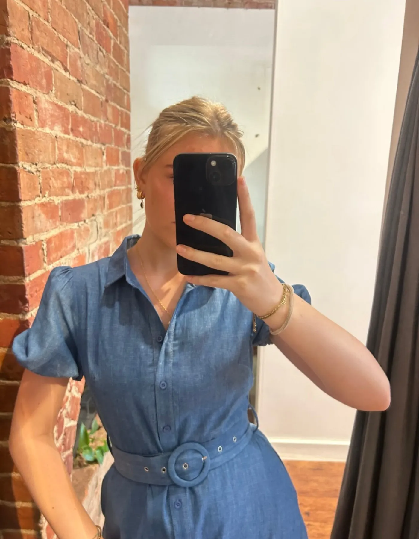 Rowe Short Sleeve Fabric Belt Shirt Dress in Blue