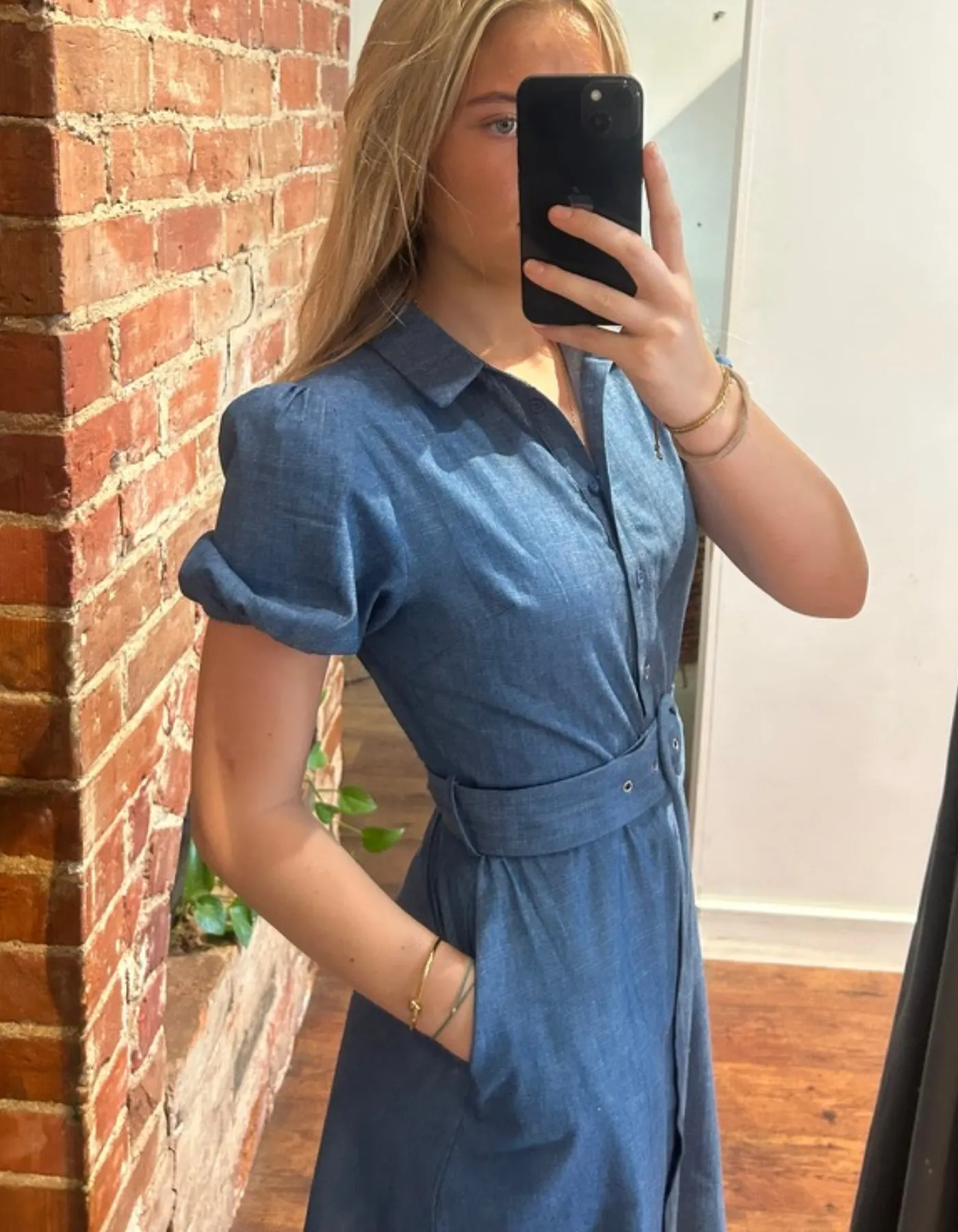 Rowe Short Sleeve Fabric Belt Shirt Dress in Blue