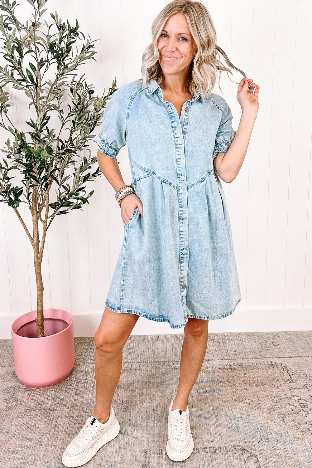 Ruffled Short Sleeve Pocketed Denim Dress