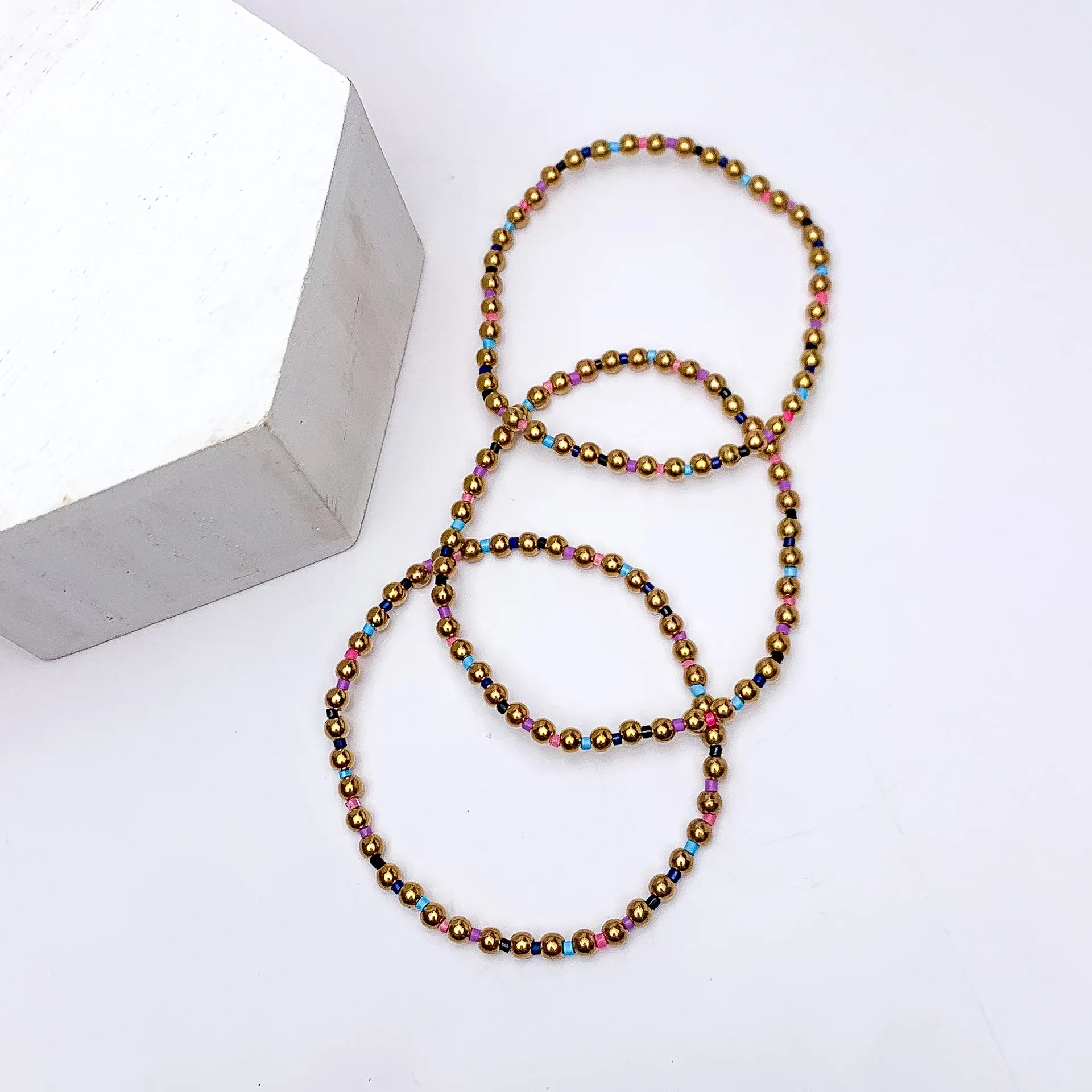 Set of Three | Stretchy Gold Tone Beaded Bracelets With Spacers in Multicolor
