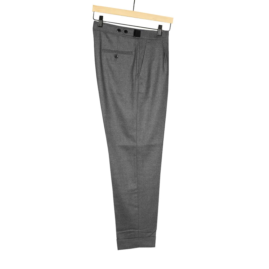 Side-tab trouser in mid grey wool flannel