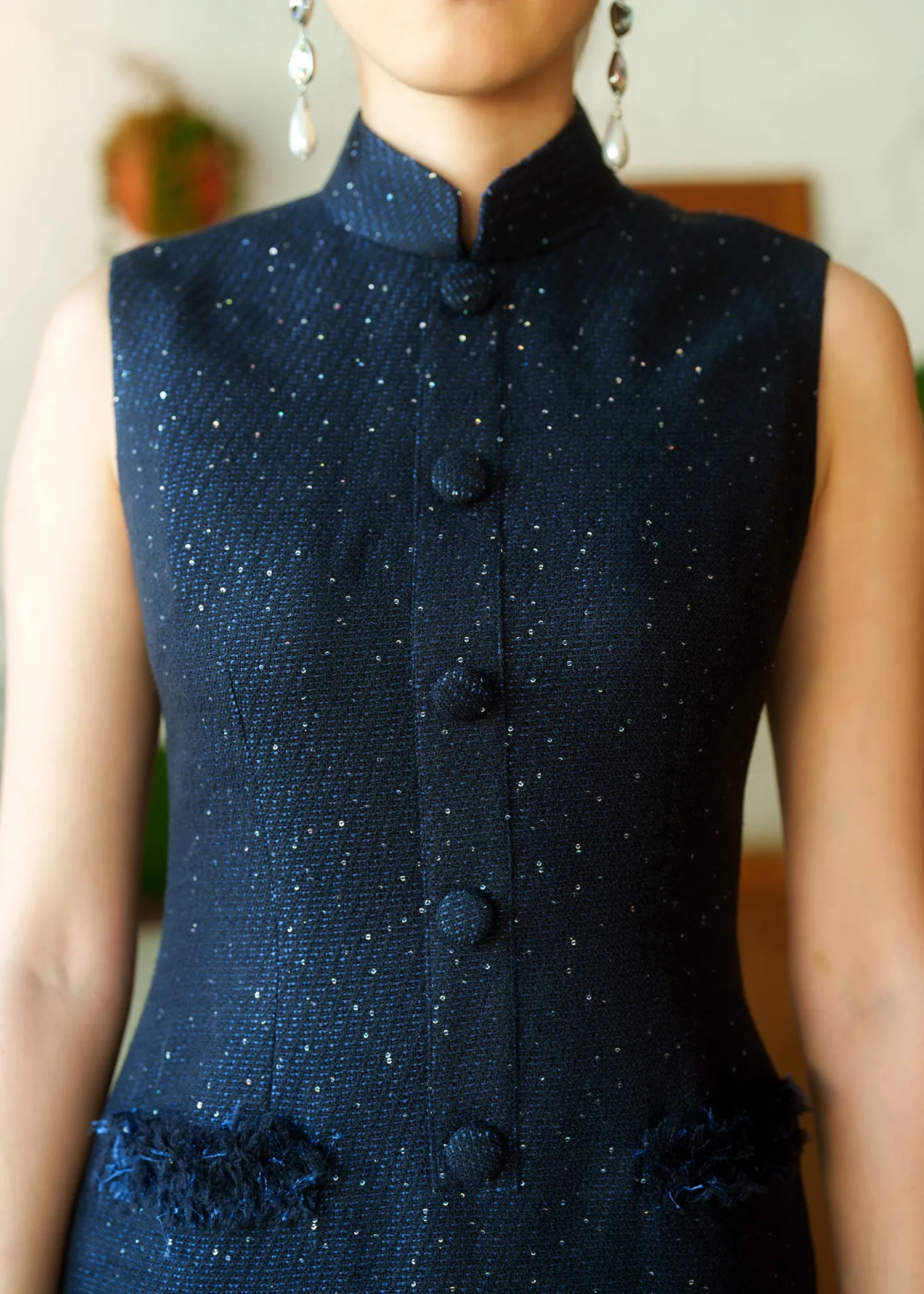 Sleeveless Tweed Mini Qipao Dress (Dark Blue)