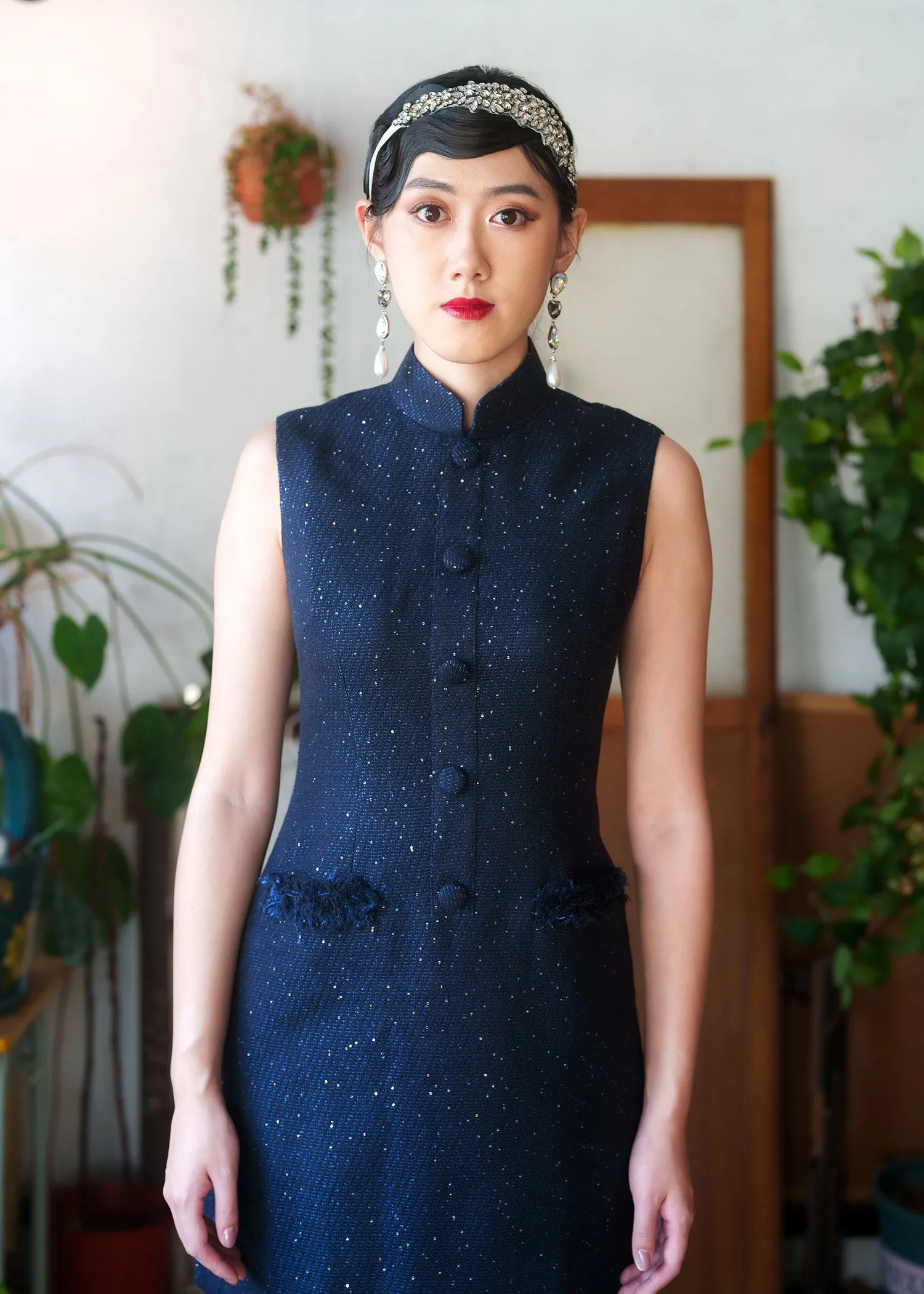 Sleeveless Tweed Mini Qipao Dress (Dark Blue)
