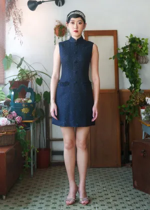 Sleeveless Tweed Mini Qipao Dress (Dark Blue)