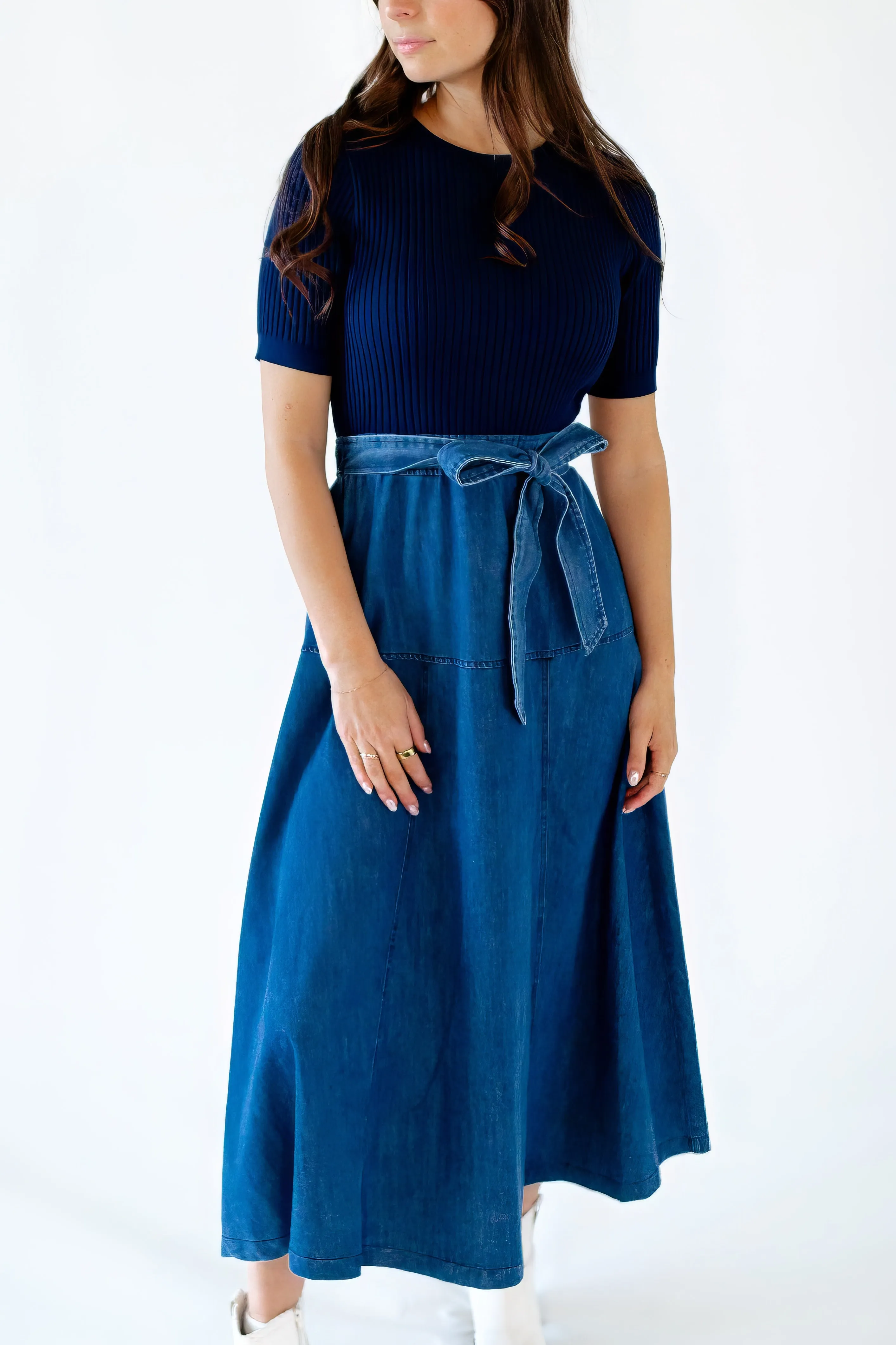 Taliah Mixed Media Chambray Dress