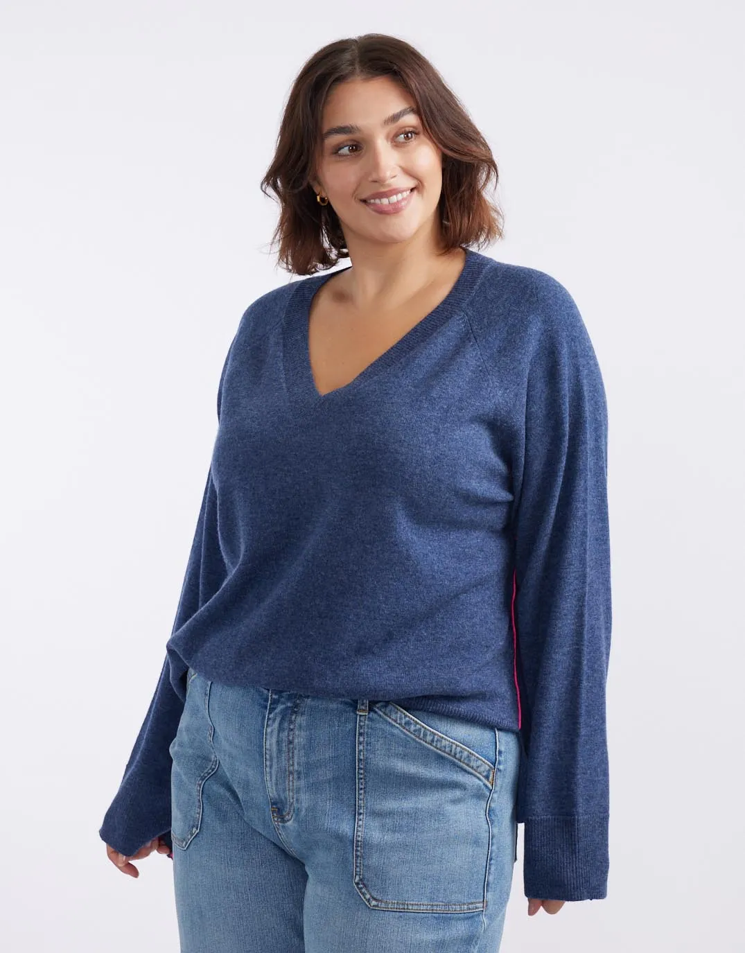 The French Quarter Wool Cashmere V Neck Knit Jumper - Denim/Neon Pink