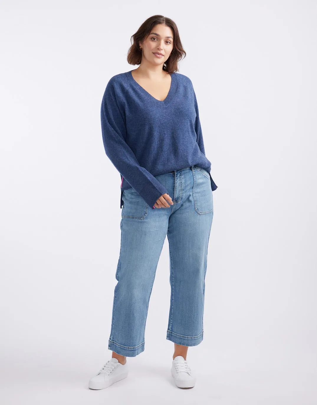 The French Quarter Wool Cashmere V Neck Knit Jumper - Denim/Neon Pink