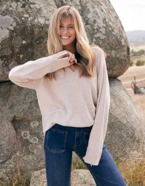 The French Quarter Wool Cashmere V Neck Knit Jumper - Oat/White